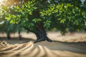 a tree in the desert with sand and grass. AI-Generated photo