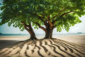 two trees on the beach with sand in the background. AI-Generated photo