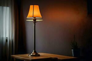 a lamp on a table in front of a window. AI-Generated photo