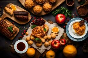 a variety of food on a wooden table. AI-Generated photo