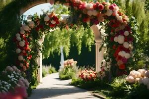 a walkway with flowers and greenery. AI-Generated photo