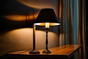 a lamp on a table in front of a window. AI-Generated photo