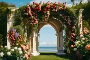 a wedding arch with flowers and a view of the ocean. AI-Generated photo