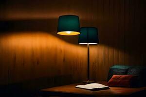 a lamp is on a table next to a book. AI-Generated photo