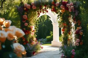 an archway with flowers and greenery. AI-Generated photo