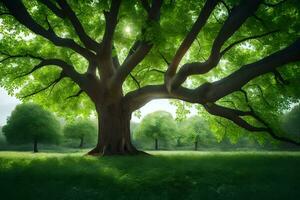 a large tree in the middle of a green field. AI-Generated photo