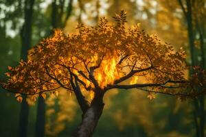 a tree with flames coming out of it in the middle of the forest. AI-Generated photo