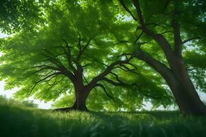 two trees in a green field with grass. AI-Generated photo