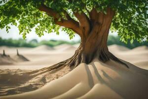 a tree in the desert with sand dunes in the background. AI-Generated photo