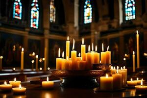 candles are lit in a church with stained glass windows. AI-Generated photo