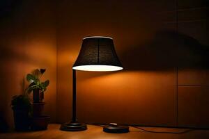 a lamp is on a table next to a plant. AI-Generated photo