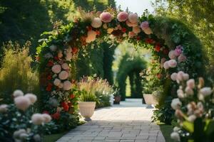 a walkway with flowers and greenery. AI-Generated photo