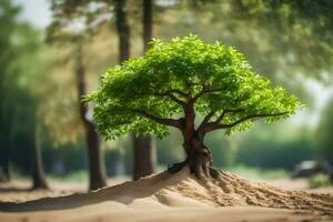 a tree growing out of the sand in the middle of a field. AI-Generated photo