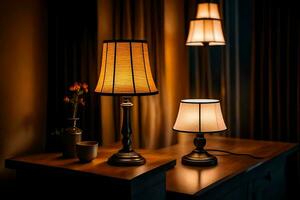 two lamps sit on a table in front of a window. AI-Generated photo