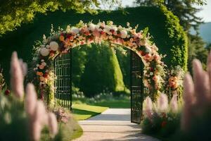 an archway with flowers and greenery in the background. AI-Generated photo