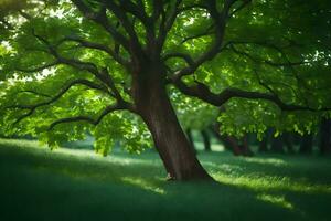 a tree in the middle of a green field. AI-Generated photo