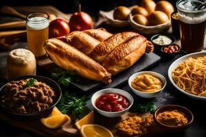 a table with food and drinks including beer, chips and meat. AI-Generated photo