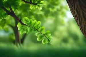 a tree branch with green leaves in the background. AI-Generated photo