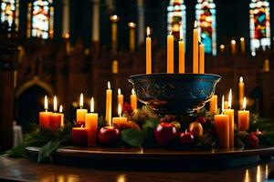 a candle lit in front of a church altar. AI-Generated photo