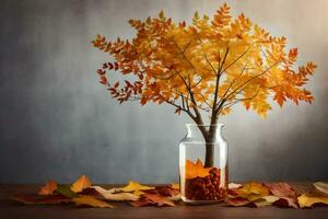 autumn leaves in a vase on a table. AI-Generated photo