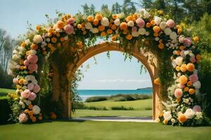 an archway with flowers and grass in front of the ocean. AI-Generated photo