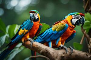 two colorful parrots sitting on a branch. AI-Generated photo