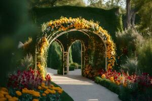 a walkway with flowers and a archway. AI-Generated photo