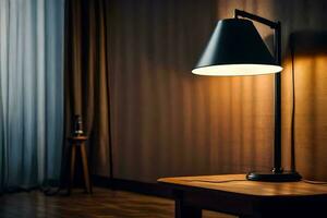 a black table lamp is sitting on a wooden table. AI-Generated photo