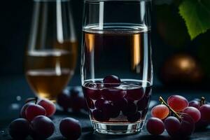 a glass of wine and grapes on a dark table. AI-Generated photo