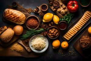 varios tipos de comida en un mesa. generado por ai foto