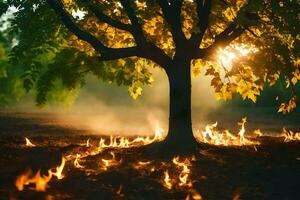 a tree with flames and smoke coming from it. AI-Generated photo