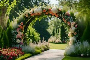 an archway with flowers and greenery in the garden. AI-Generated photo
