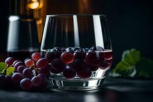 a glass of red wine with grapes on a dark background. AI-Generated photo