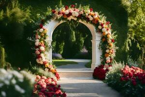 an archway with flowers and greenery. AI-Generated photo