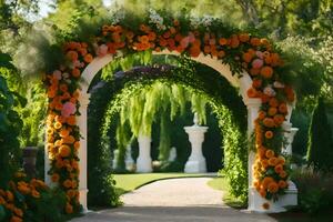 un arco decorado con naranja flores y verdor. generado por ai foto