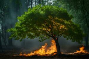 a tree is burning in the forest. AI-Generated photo