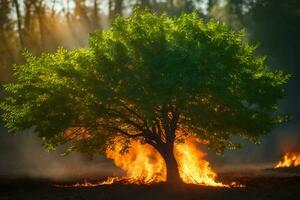 a tree is burning in the middle of a field. AI-Generated photo