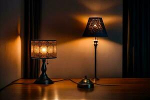 dos lamparas en un mesa en un oscuro habitación. generado por ai foto