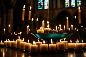 velas son iluminado en un Iglesia con velas generado por ai foto