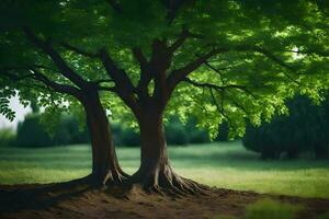 two trees are standing in the middle of a field. AI-Generated photo