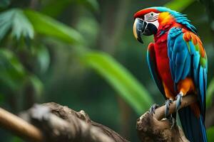 a colorful parrot sits on a branch in the forest. AI-Generated photo