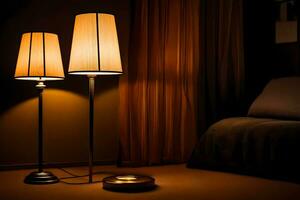 two lamps are on a bed in the dark. AI-Generated photo