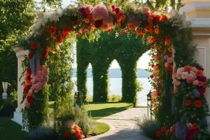 a beautiful archway with flowers and greenery. AI-Generated photo