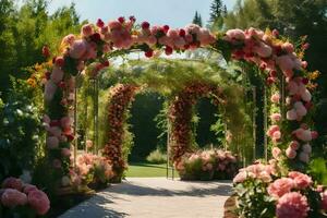 a walkway with pink flowers and greenery. AI-Generated photo