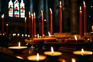 many candles are lit in a church. AI-Generated photo