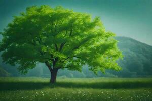a tree in a field with green leaves. AI-Generated photo