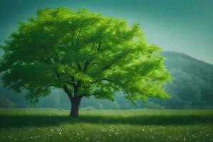 a tree in a field with green leaves. AI-Generated photo