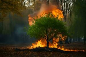 a tree is burning in the middle of a forest. AI-Generated photo