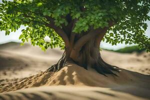a tree growing out of the sand in the desert. AI-Generated photo