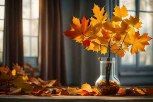 autumn leaves in a vase on a table. AI-Generated photo